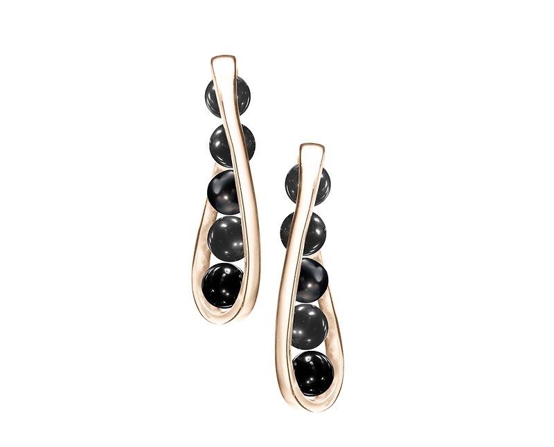 Black Tourmaline Gold Bar Earrings, Black Stone Stud Earrings, Birthstone Stud - ต่างหู - เครื่องประดับ สีดำ