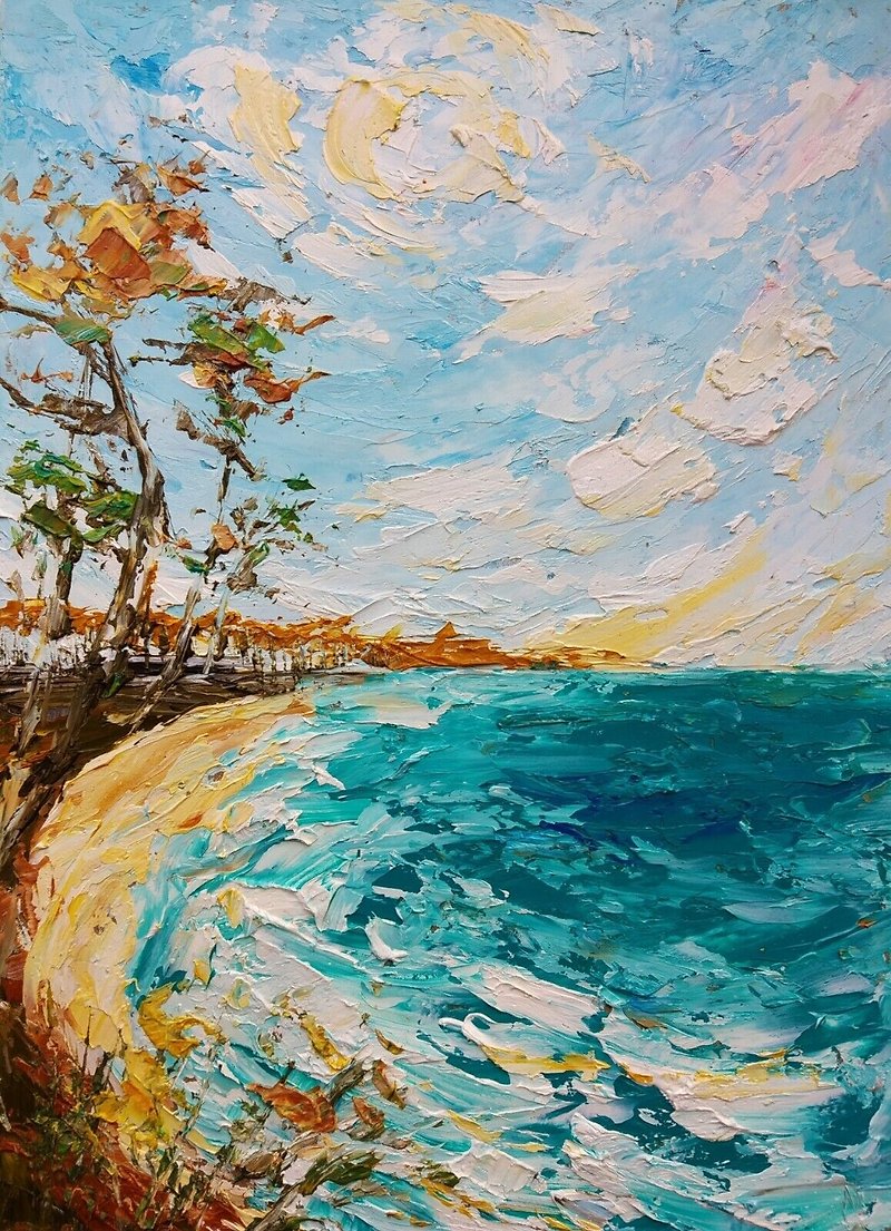 Original oil painting impasto seascape bright sunny day at sea hand-painted - ตกแต่งผนัง - วัสดุอื่นๆ หลากหลายสี