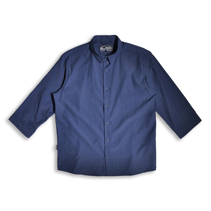 【INNATE】Slim Fit 3/4 Sleeve Shirt Dark Blue - Men's Shirts - Cotton & Hemp Blue