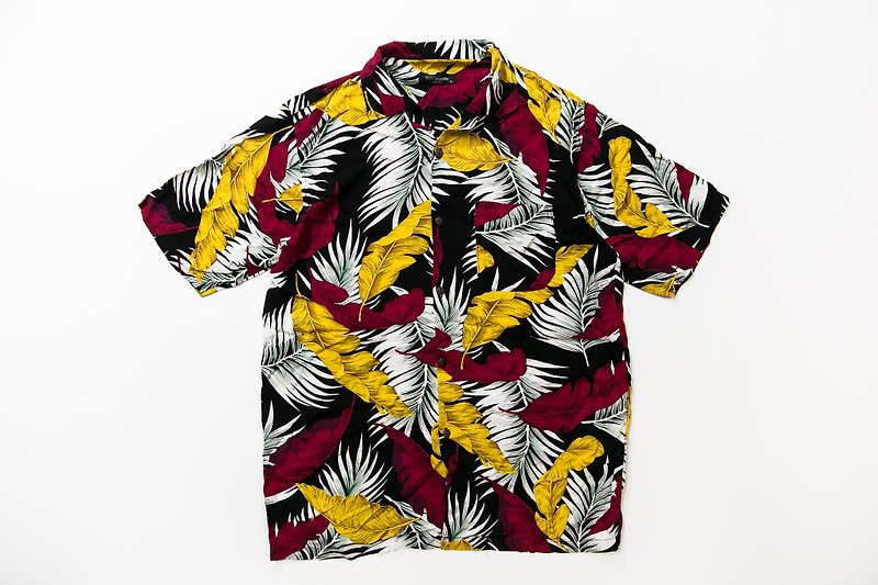 American Hawaiian sweater leaves and leaves staggered vintage vintage - เสื้อเชิ้ตผู้ชาย - ผ้าฝ้าย/ผ้าลินิน สีดำ