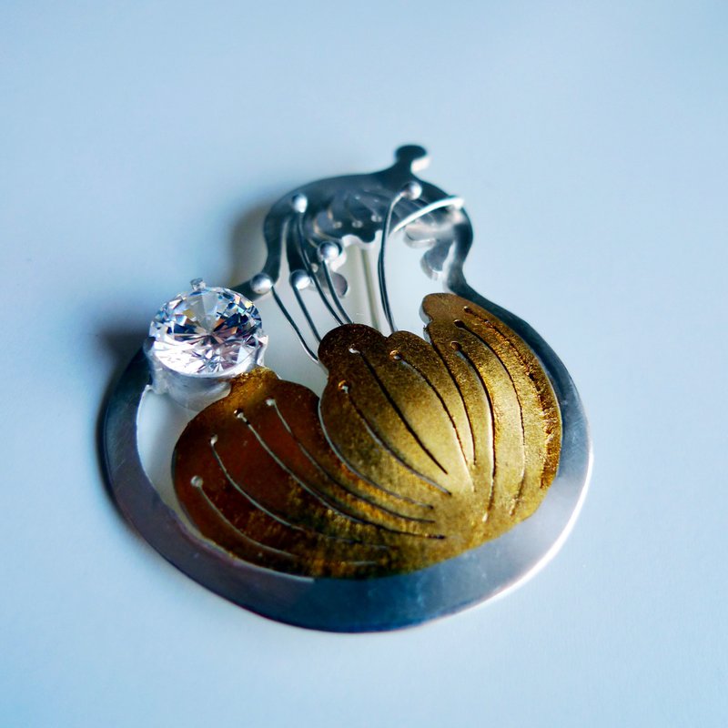 福蘆(晨珠金花)~ 中國風系列藝術胸針,金工與金箔彩漆結合,幸福中 - 胸針 - 純銀 