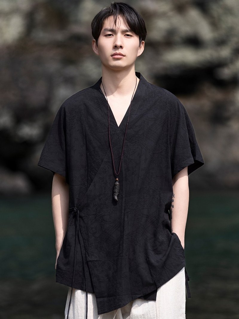 新中式復古 v領亞麻短袖襯衫 中國風唐裝 - 男襯衫/休閒襯衫 - 其他材質 多色