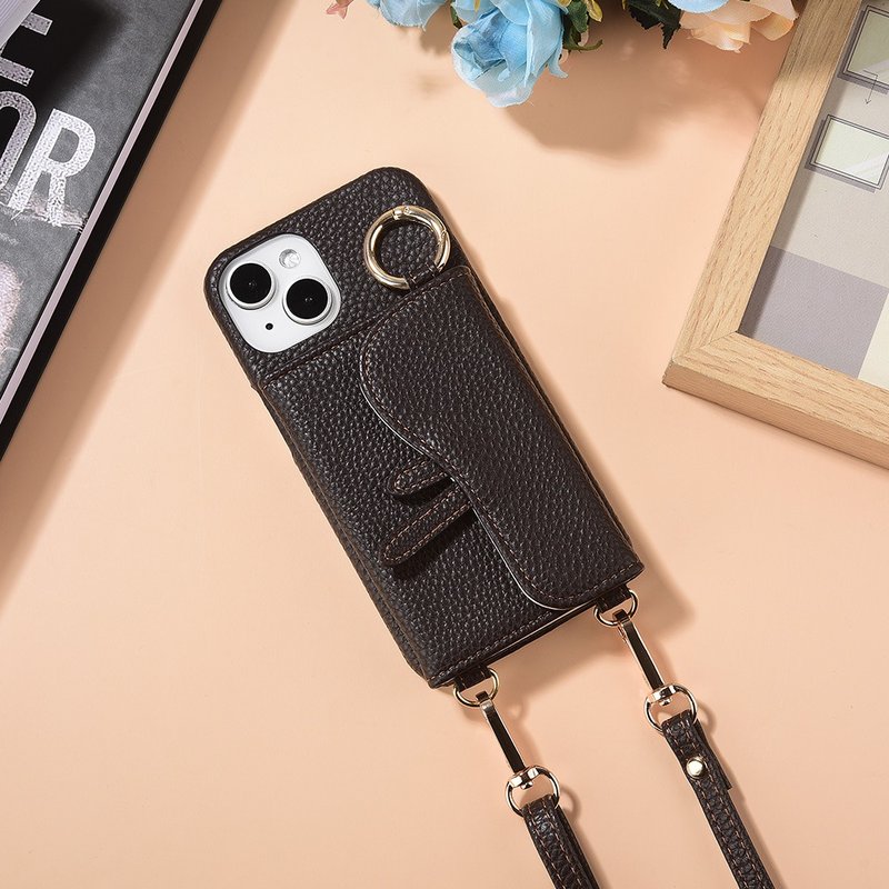 หนังเทียม อุปกรณ์เสริมอื่น ๆ - Yaguchi iPhone 14 Series Saddle Card Case Mobile Phone Leather Case with Beauty Mirror and Leather Strap - Black Brown
