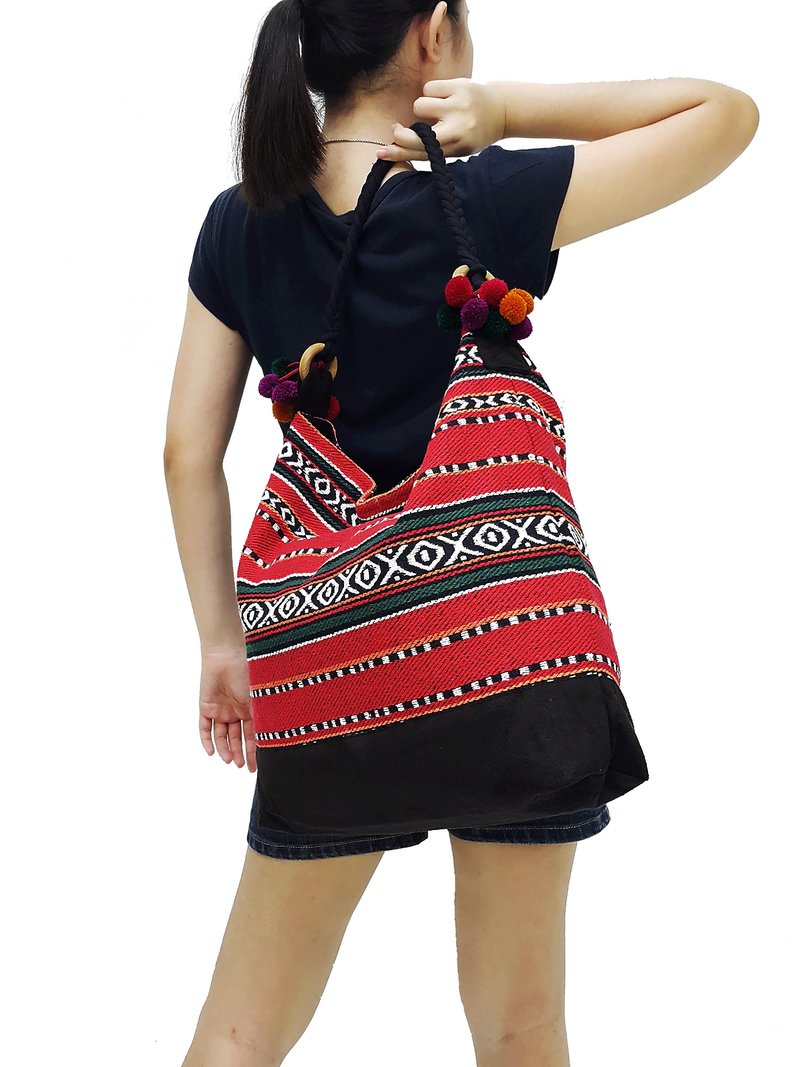 Woven Cotton Bag Tote bag Women bag Shoulder bag Shopping bag Pom Pom Strap Red - 其他 - 其他材質 紅色