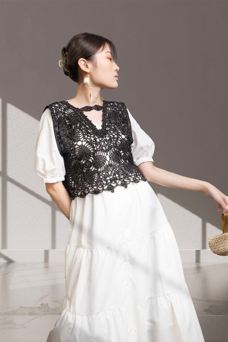 夏季線夾金絲 | 手工鉤針編織通花開襟背心兩穿小馬  | 外搭鏤空 - 女大衣/外套 - 棉．麻 黑色