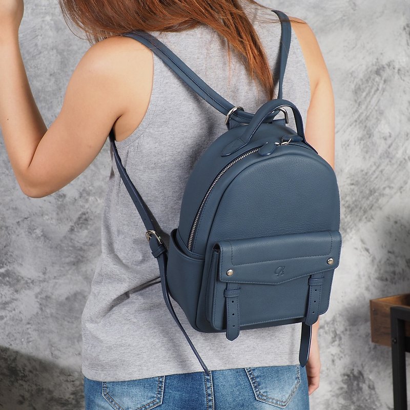 EMMA backpack (Stone Blue): leather backpack, Navy backpack - Backpacks - Genuine Leather Blue