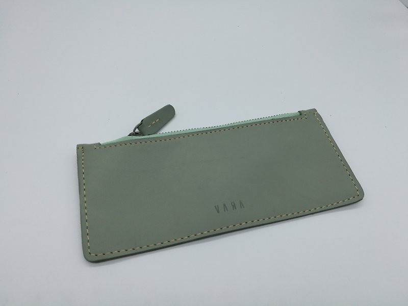 Long leather zip pouch ( Pastel Green) - Wallets - Genuine Leather Gray