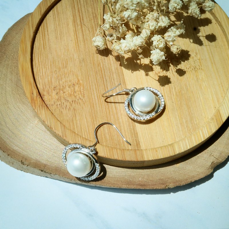 Stone Crystal | Cubic Zirconia Pearl Double Hoop Earrings | 925 Sterling Silver - ต่างหู - ไข่มุก 