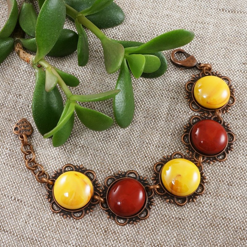 Cherry Red Yellow Glass Large Copper Flower Vintage Style Bracelet Woman Jewelry - 手鍊/手環 - 玻璃 黃色