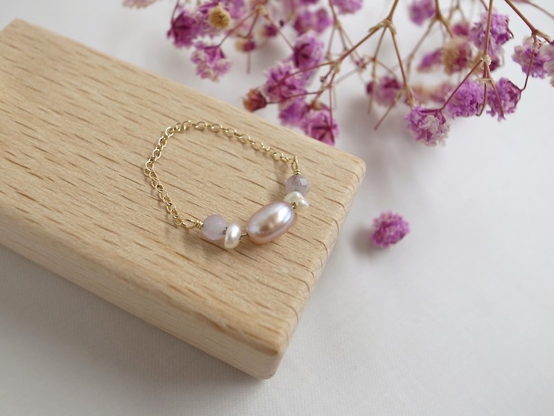 [Ring] Chain Ring 14kgf Gold Purple Pearl Ring Valentine’s Day Gift - แหวนทั่วไป - เครื่องประดับ สีม่วง