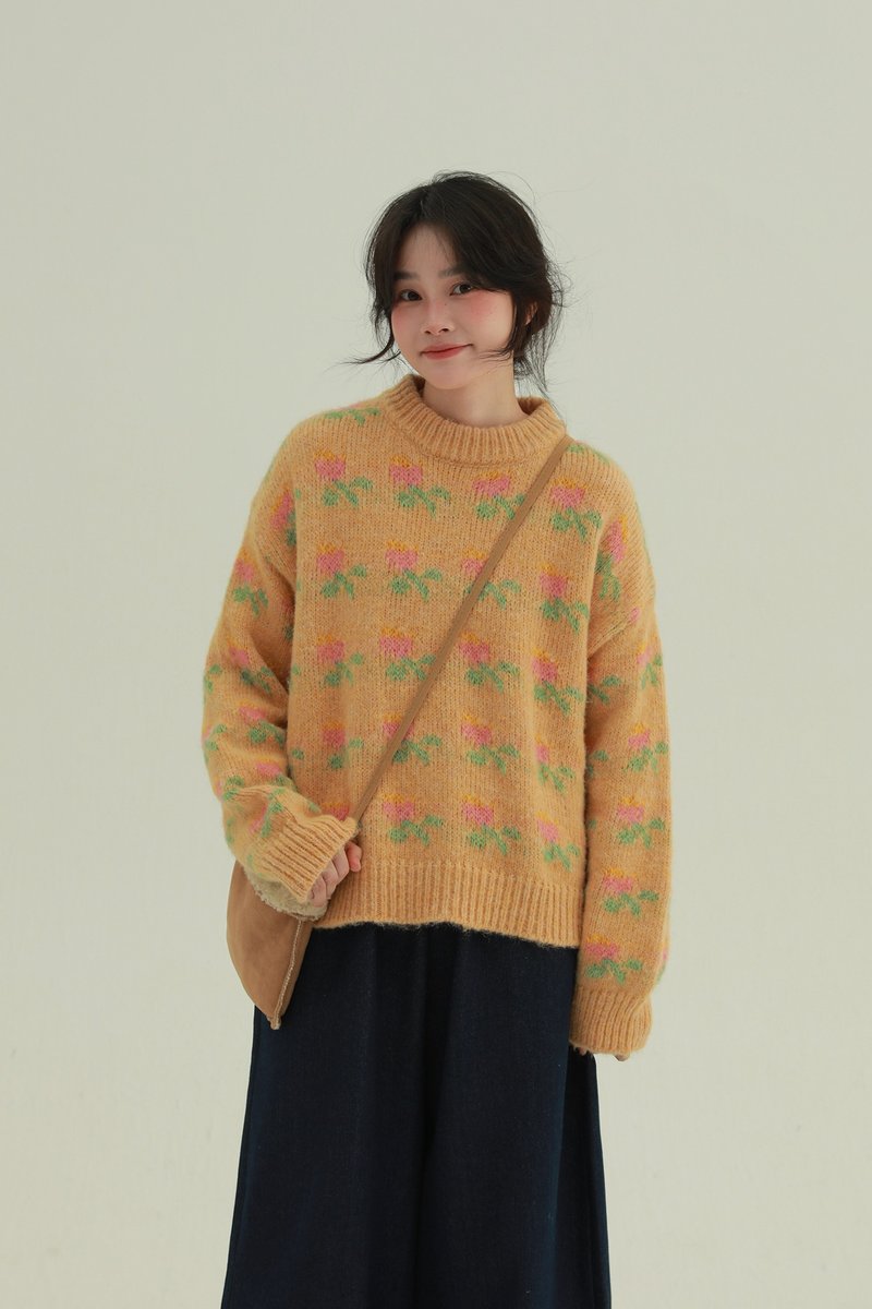 2色展開 小さな庭のフローラルショート丈セーター クリーム系レトロガーリープルオーバー とろける肌触りのトップス - ニット・セーター - ウール イエロー