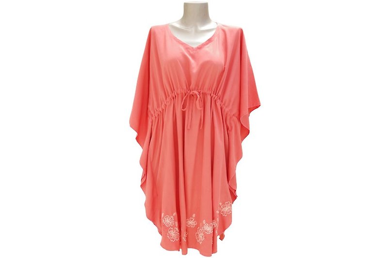 Hibiscus embroidered butterfly sleeve dress <Coral> - One Piece Dresses - Other Materials Red