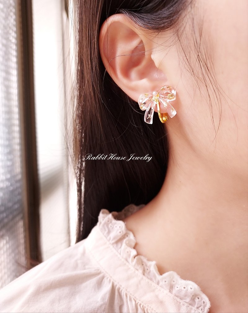 蕾絲蝴蝶結耳環 耳針 耳夾 - 耳環/耳夾 - 其他材質 