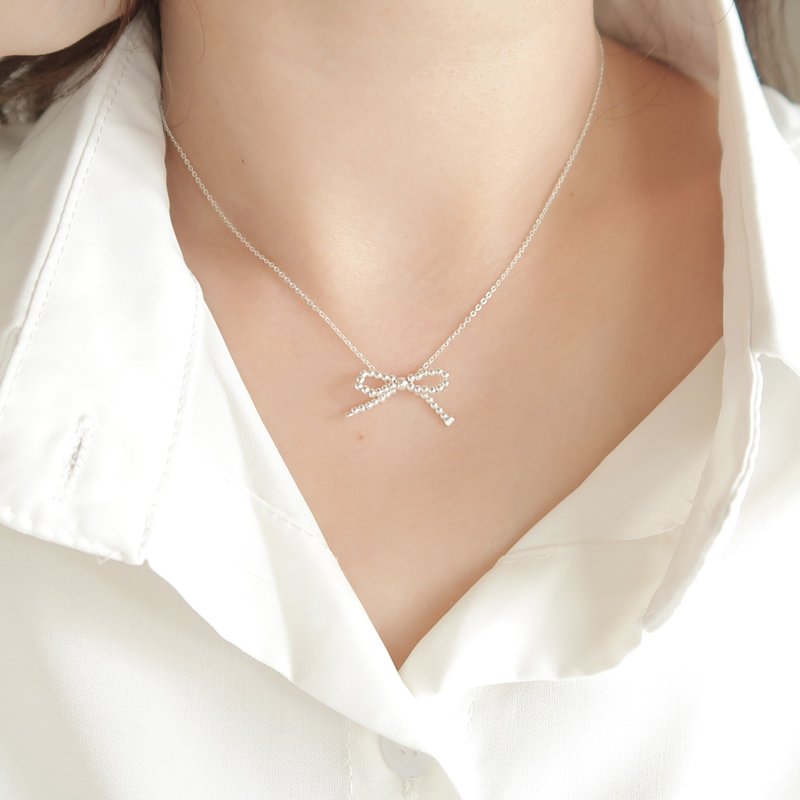 Valentine's Day gift 925 sterling silver bubble bow necklace clavicle chain long chain free gift packaging - Necklaces - Sterling Silver White