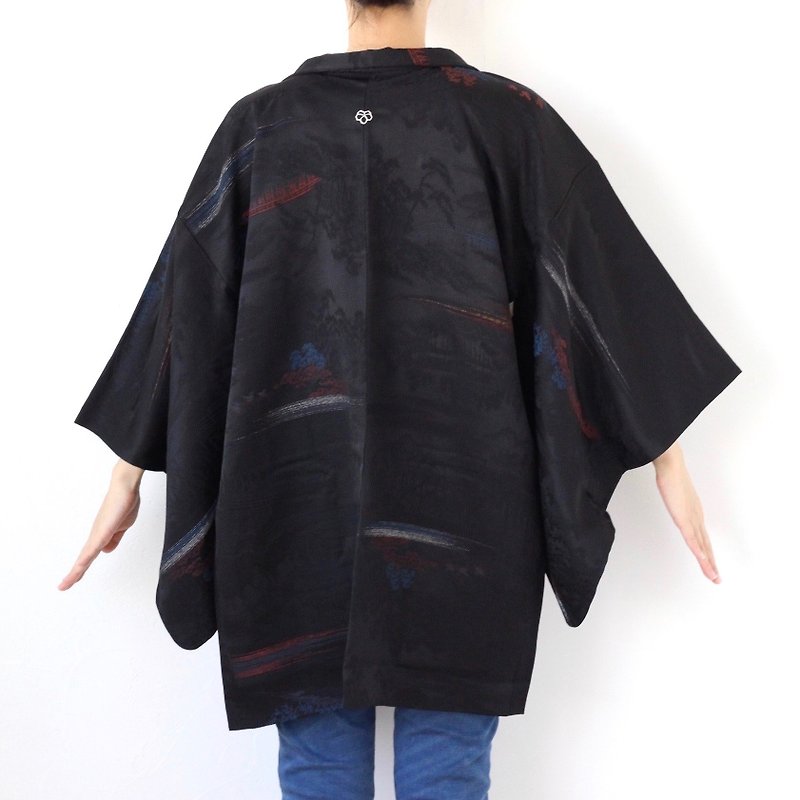 temple kimono, Japanese silk haori, kimono jacket, traditional kimono /3829 - ジャケット - シルク・絹 ブラック