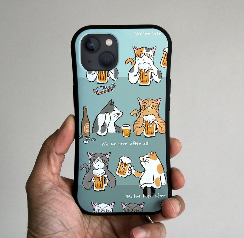 Grip iPhone Case Cats Toasting with Beer Blue Gray - เคส/ซองมือถือ - พลาสติก สีเทา