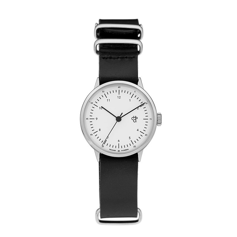 Harold Mini Silver White Dial Black Military Leather Watch - นาฬิกาผู้หญิง - วัสดุอื่นๆ สีดำ