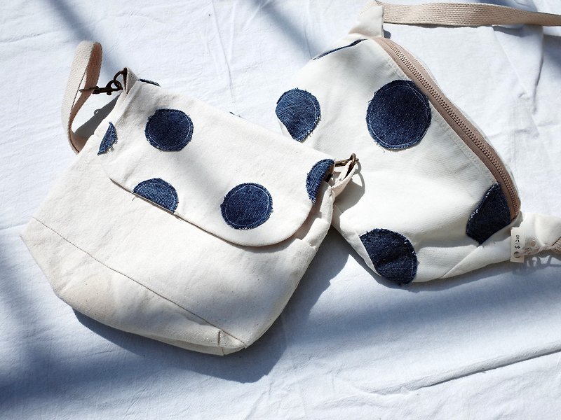 Old clothes are transformed into blue dot bags on white background - Messenger Bags & Sling Bags - Cotton & Hemp White