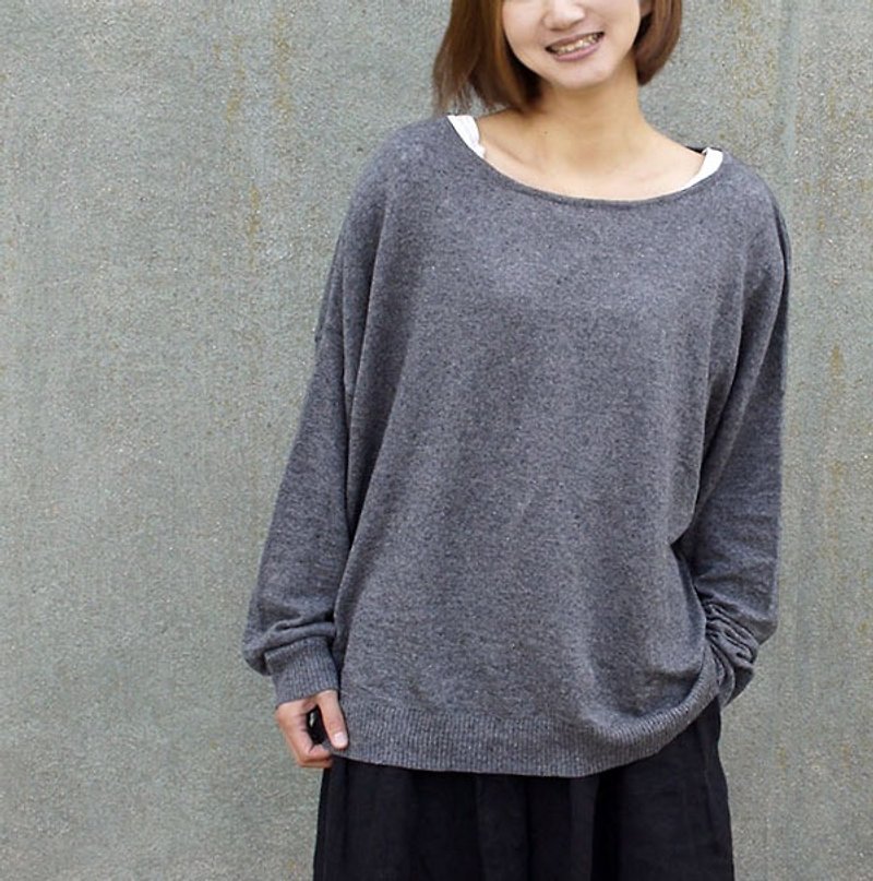 High gauge cotton linen knitted drop shoulder pullover charcoal - ニット・セーター - コットン・麻 グレー