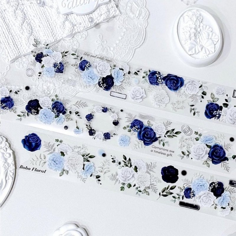 Blue and White Roses Transparent PET Masking Tape - 紙膠帶/和紙/PET - 其他材質 