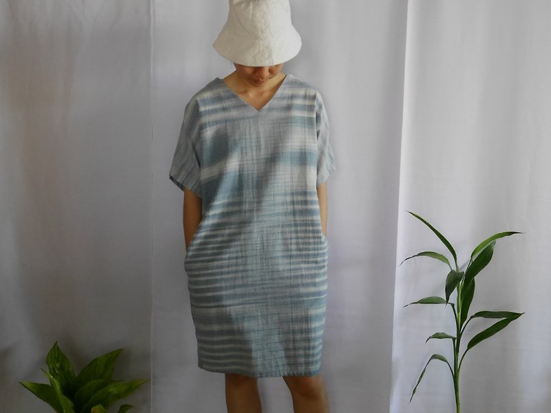 hand-woven cotton fabric with indigo dyes v casual dress  - One Piece Dresses - Cotton & Hemp 