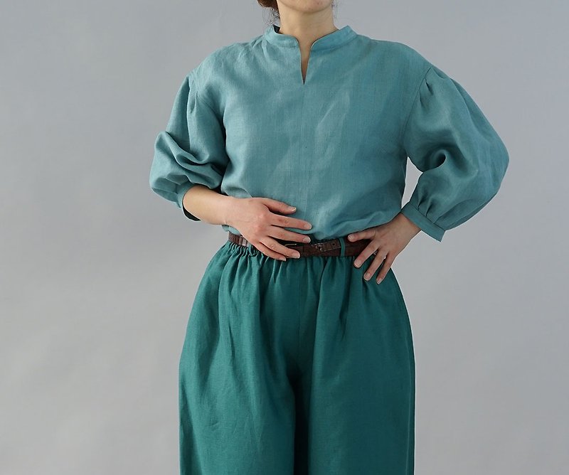 wafu - 亞麻上衣 Midweight Linen 4/5 Lantern Sleeve Top / Robbin Egg t029b-byg2 - Women's Shirts - Linen Blue