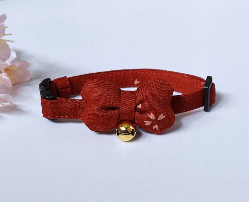 ぷっくり桜の花びらリボン × 朱殷　  猫　首輪　猫用首輪 - 項圈/牽繩 - 棉．麻 紅色