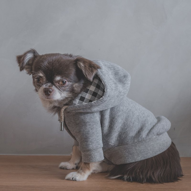 灰色黑格紋 寵物彈性美式連帽夾克外套 - 寵物衣服 - 棉．麻 灰色
