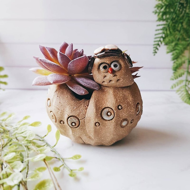 006 吴鏮仁鹰│吉野鹰x Owl pottery flower pure hand made meaty pottery - Plants - Pottery Khaki