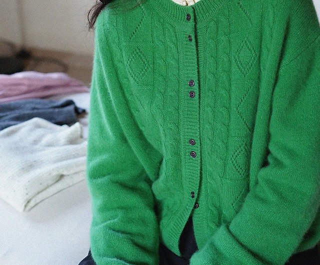 Pine green French retro rabbit fur cable knitted cardigan jacket