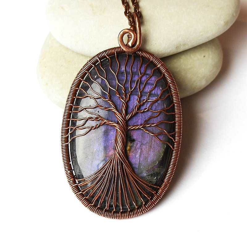 Natural Labradorite Necklace Copper Wire Wrapped Jewelry Healing Crystal Pendant - Necklaces - Semi-Precious Stones Purple