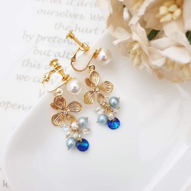 花瑛。螺旋式耳夾  K金耳勾 /// 垂墜式耳環 - 耳環/耳夾/耳骨夾 - 珍珠 藍色