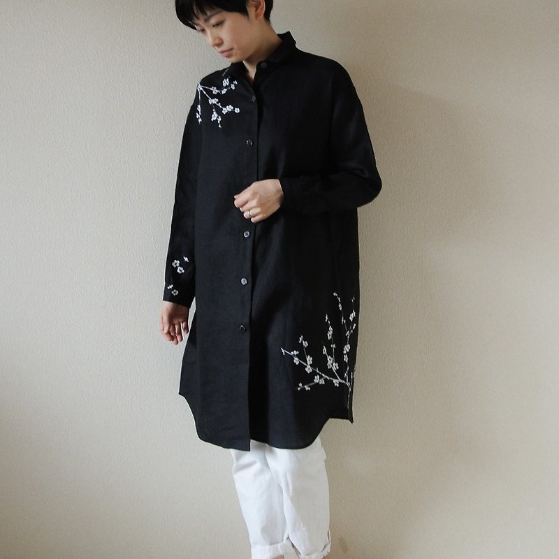 Linen shirt dress black white plum - One Piece Dresses - Cotton & Hemp Black