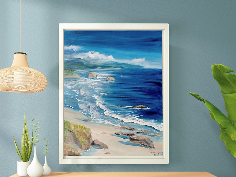 Sea painting hand-painted interior artwork oil painting seascape - ตกแต่งผนัง - วัสดุอื่นๆ สีน้ำเงิน