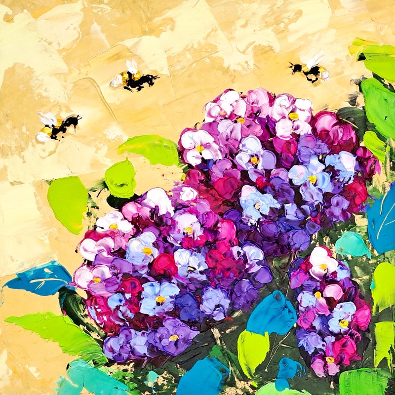 Hydrangea Oil Painting Honeybee Original Art Impasto Painting Flowers Small Art - 海報/掛畫/掛布 - 其他材質 多色