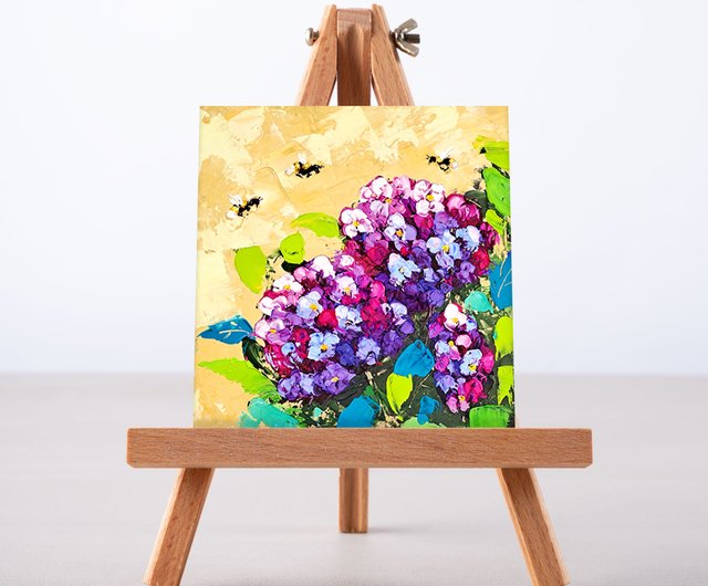 紫陽花 油絵 ミツバチ 原画 厚塗り 絵画 花 小物 - ショップ