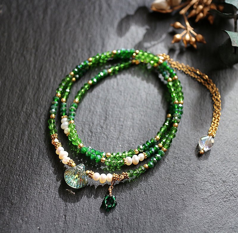 不鏽鋼玻璃珍珠三層調節式手鍊項鍊兩用鍊金屬綠色 - 手鍊/手環 - 玻璃 綠色