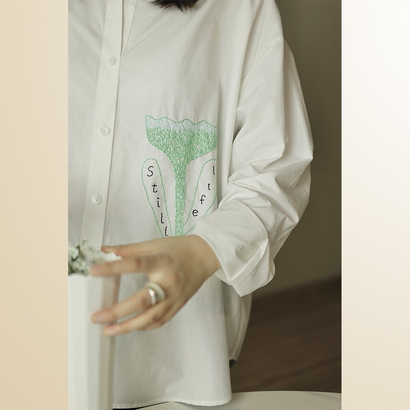 Handmade embroidered leisure white shirts plant series of men's and women's - Women's Shirts - Cotton & Hemp White