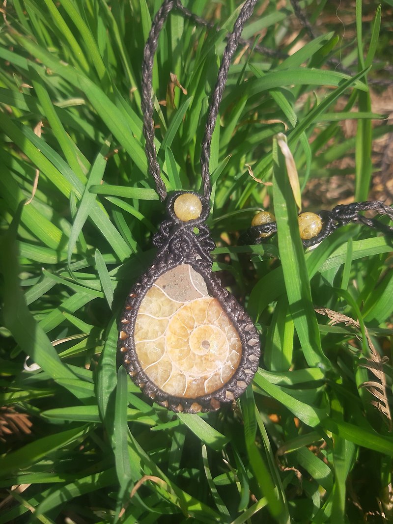 天然水晶-菊石目-手制花邊編織項鍊, 更換60cm 925 銀鏈 - 項鍊 - 寶石 咖啡色