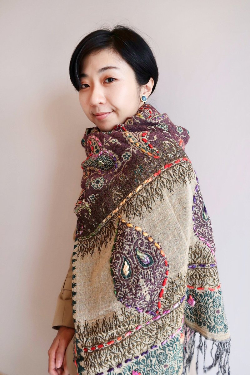 手工刺繡水煮羊毛圍巾披肩/印度/喀什米爾 - 圍巾/披肩 - 羊毛 多色
