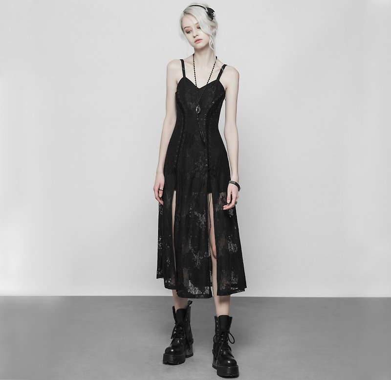 Gypsy Witch lace split suspender dress/will be out of print soon - ชุดเดรส - วัสดุอื่นๆ สีดำ