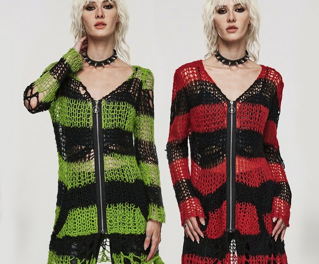 Punk Astral Striped Cardigan Long Sweater - Green/Red/White/Black/Loose Fit  - Shop PUNK RAVE Women's Sweaters - Pinkoi