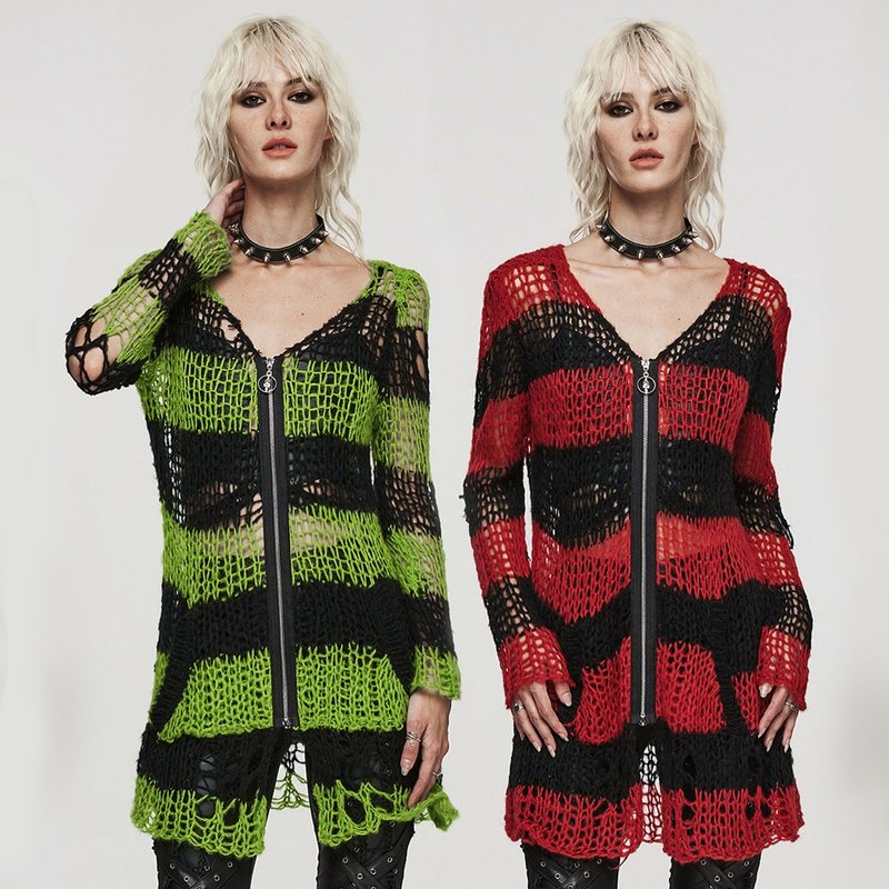 Punk Astral Striped Cardigan Long Sweater - Green/Red/White/Black/Loose Fit - Women's Sweaters - Other Materials Green