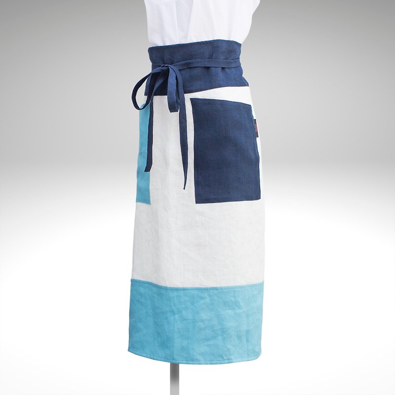 PSNY 3D sewing 3 color Linen, white, blue, waist apron, long size sommelier apron AP07 - Aprons - Cotton & Hemp Blue