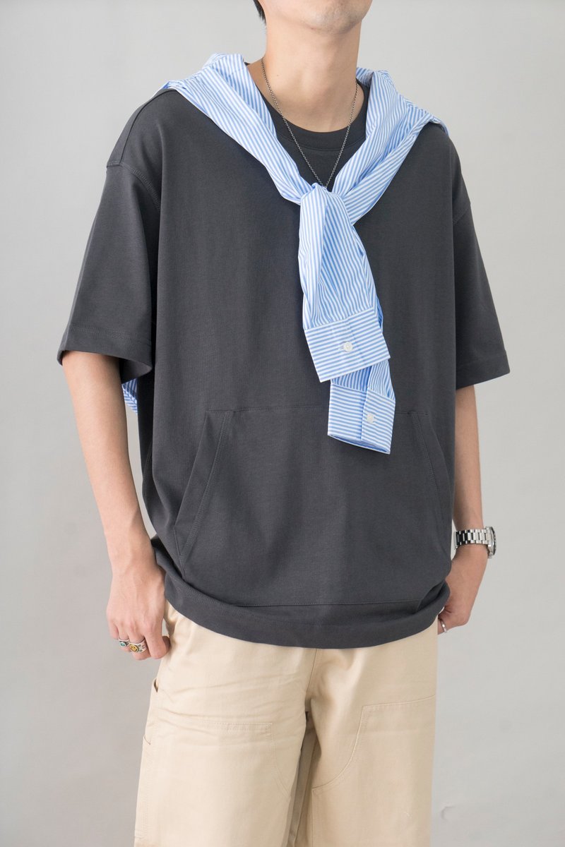 T-SHIRT 夏日袋鼠口袋T恤 日系休閒純色寬鬆短袖TEE CITYBOY - 男 T 恤 - 棉．麻 灰色