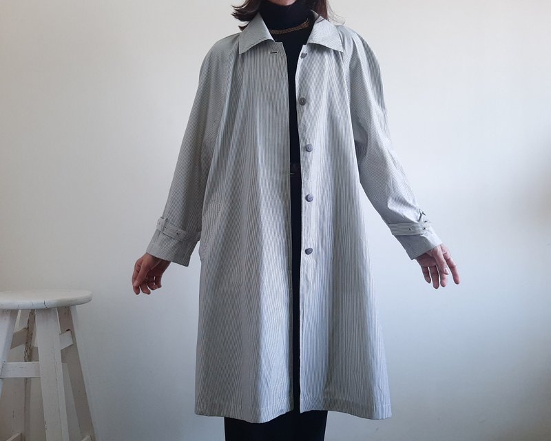 復古灰色奶油色條紋風衣條紋防塵外套男女通用帶口袋外套 - 女大衣/外套 - 聚酯纖維 灰色