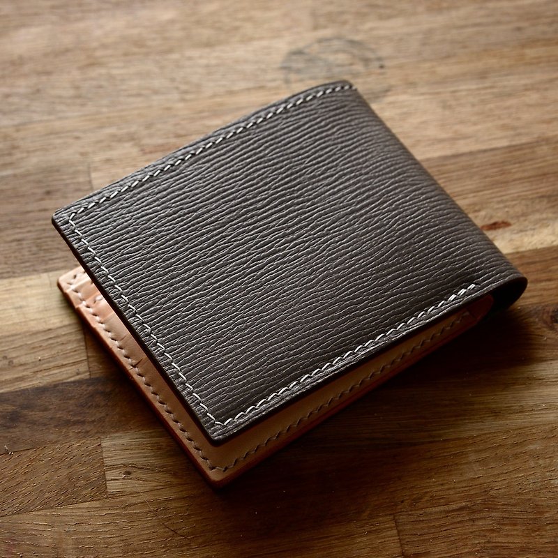 Smoked gray cross-grain calfskin Japanese-style two-fold wallet wallet - กระเป๋าสตางค์ - หนังแท้ สีเทา