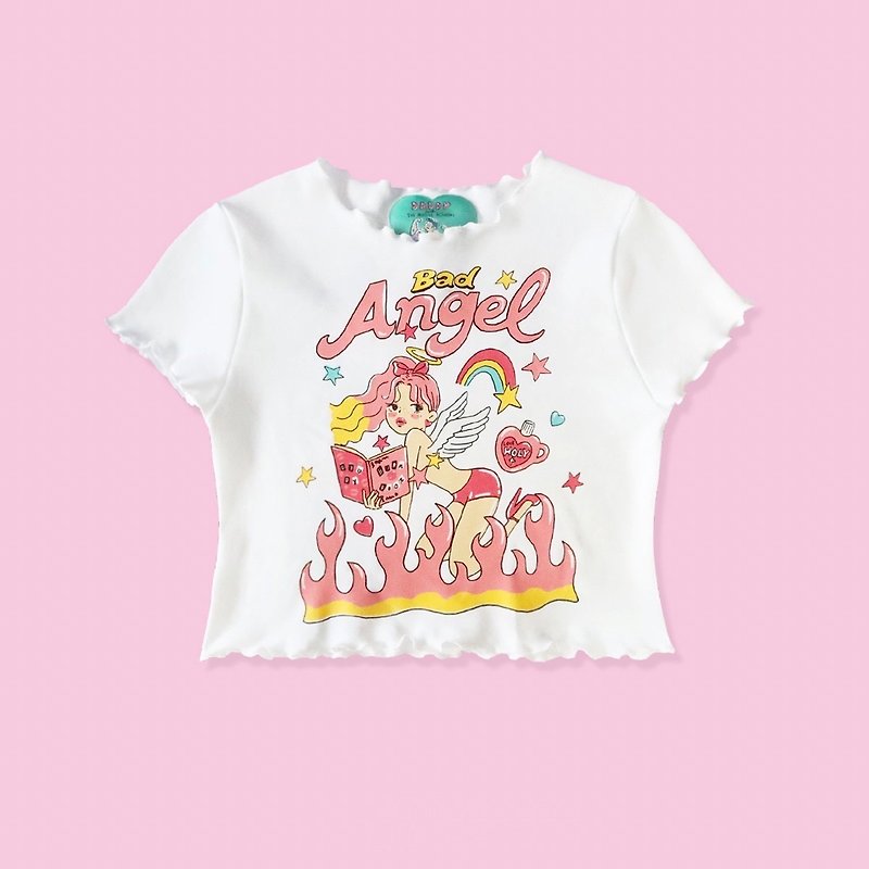 DADDY | Bad angel Crop Top, screen-printed crop top with cute Wendy pattern - Women's Tops - Other Materials 