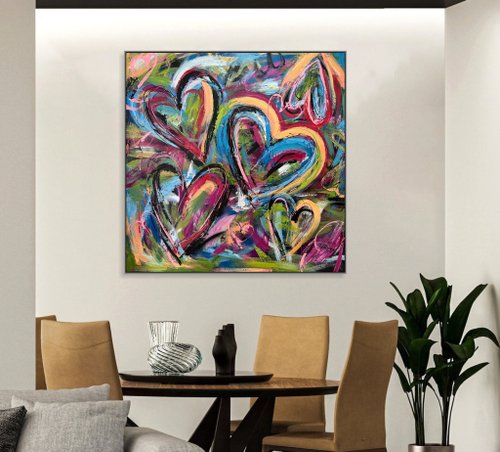オリジナル絵画 カラフルな抽象的なハートアート 大胆で鮮やかな