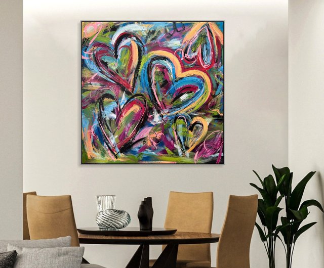 ハートの絵、絵画、原画、インテリア、現代アート、LOVE、幸せを呼ぶアート オリジナル絵画 カラフルな抽象的なハートアート 大胆で鮮やかな